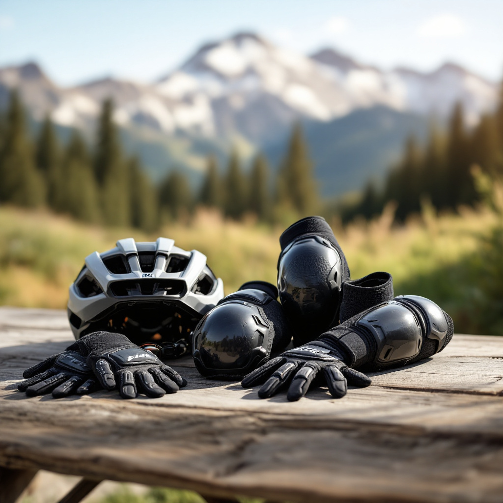 MTB Protektoren sinnvoll worauf achten – Helm, Knieschoner und Handschuhe auf Holztisch