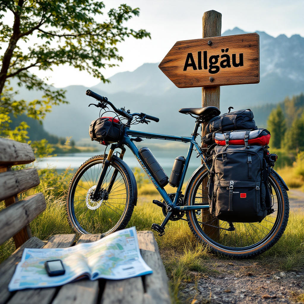 Ausgerüstetes Tourenrad zum Radfernweg Allgäu mehrtägig planen an einem Wegweiser mit Alpenpanorama
