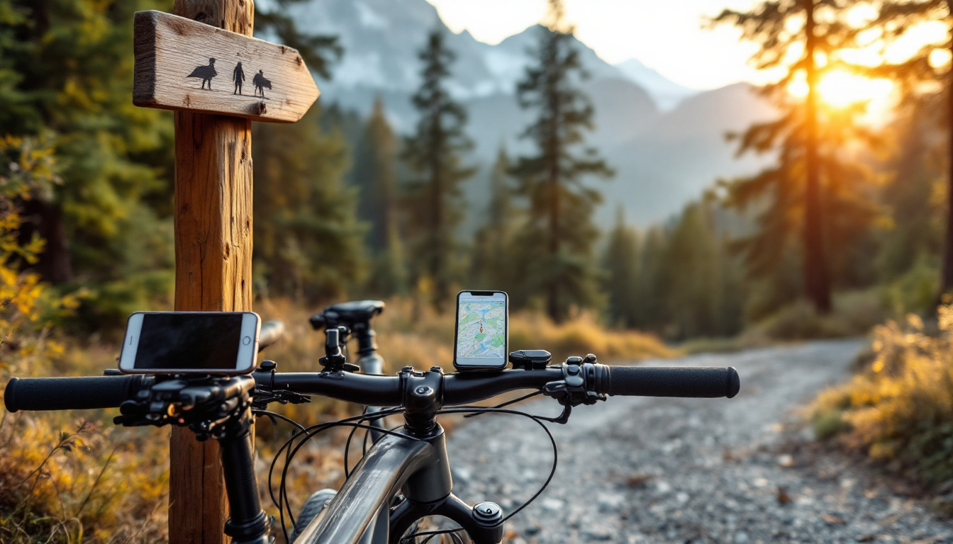 Mountainbike an einem Wegweiser auf einem Waldtrail, mountainbike trails in der nähe im Ostallgäu
