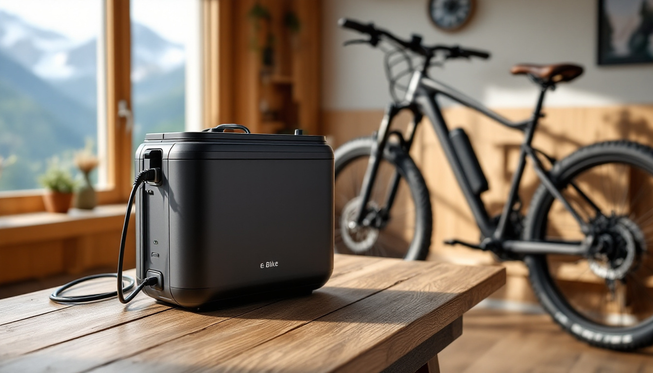 E-Bike laden: Akku am Ladegerät auf einem Tisch im Ostallgäu